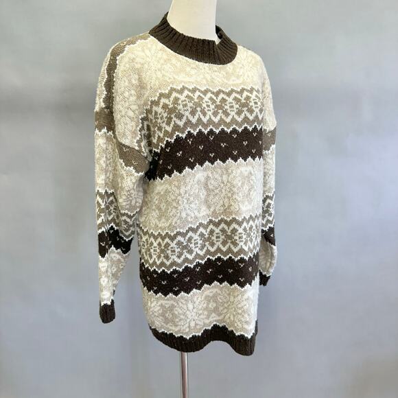 Vintage 90s Basic Editions Brown Fair Isle Mock Neck Sweater Size medium - Picture 6 of 15